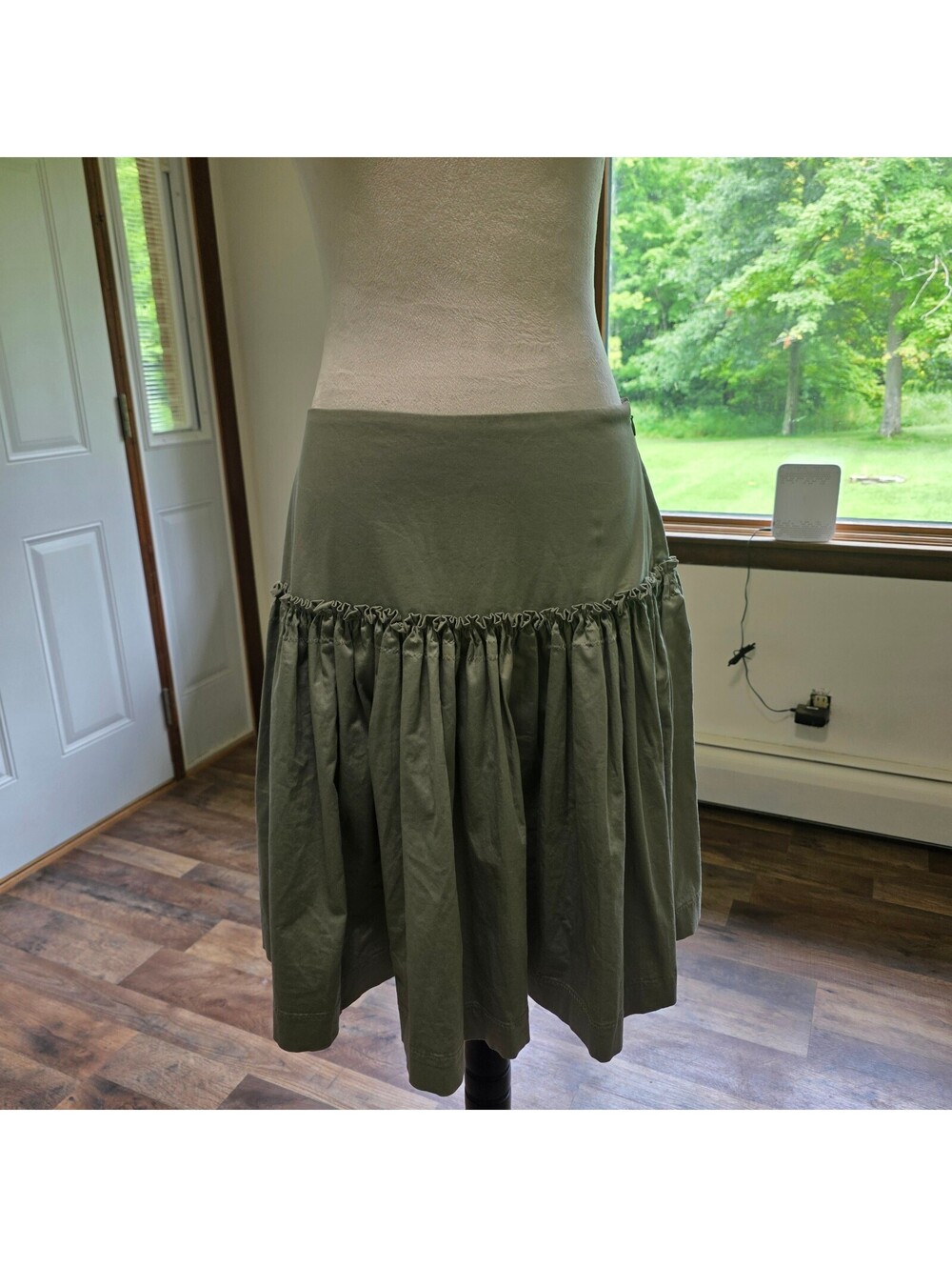 Elevenses, Anthropologie, Sage Green Ruffle Hem, Midi Skirt, Drop Waist, Cotton